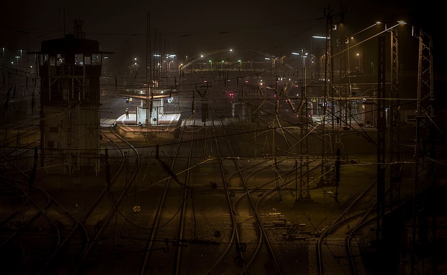 train, railway station, night, rails, platform, passenger, wait, hazy, haze, darkness