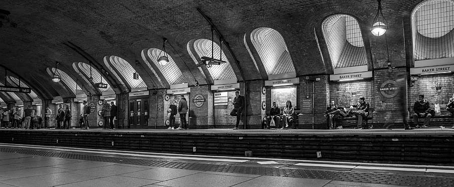 baker street tube station, london, underground, sherlock holmes, platform, group of people, architecture, real people, built structure, railroad station