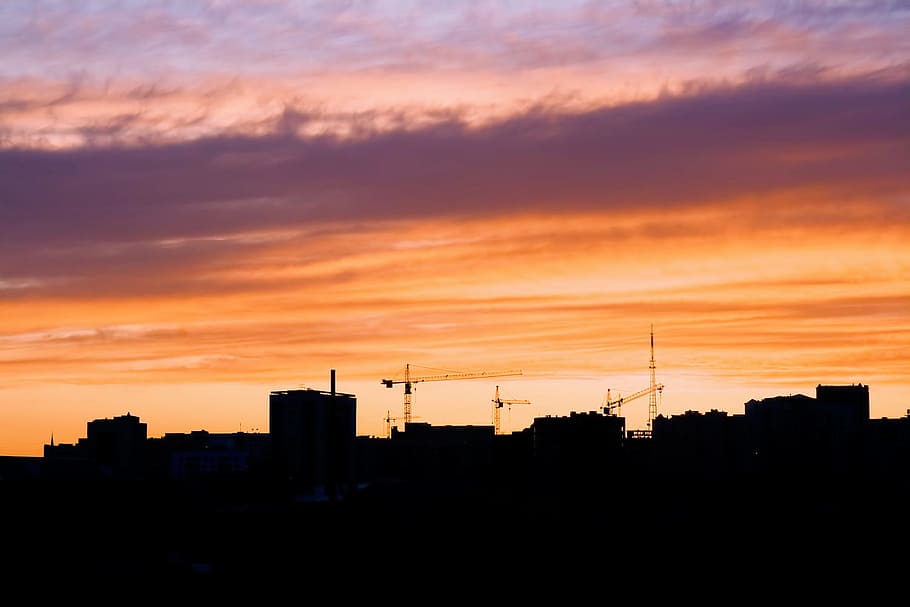 sunset, sky, Ufa, silhouette, architecture, built structure, building exterior, building, cloud - sky, orange color