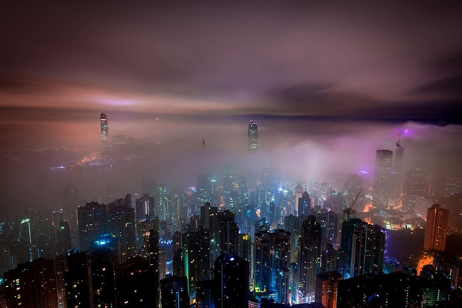 hong kong mist, kota dan Perkotaan, latar belakang, bangunan, lanskap kota, awan, Wallpaper hD, malam, langit, eksterior bangunan
