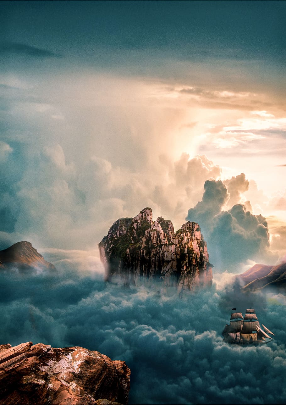 clouds, fog, nature, selva marine, sky, mountains, photoshop, composition, combine, sun