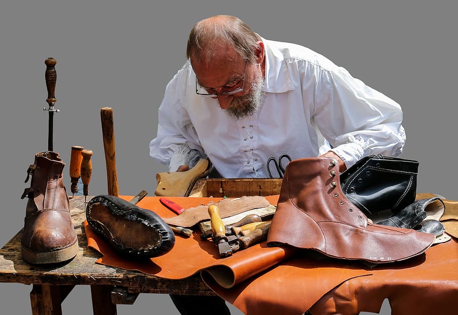 shoemaker, maker, leather, work, worker, human, activity, one person, indoors, craft