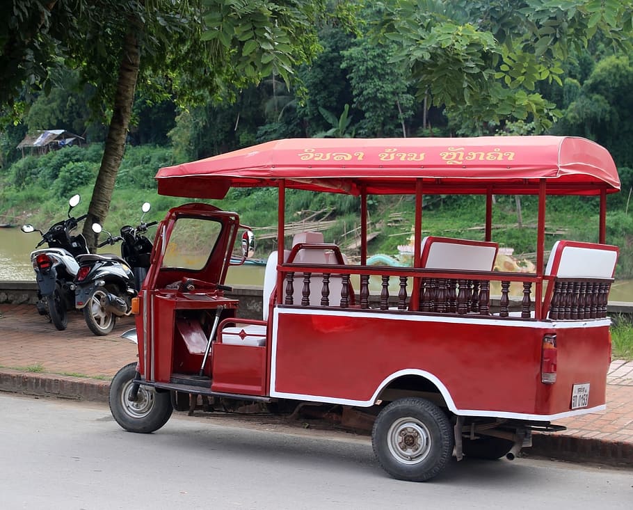 vermelho, táxi de motocicleta tuk tuk, laos, sudeste da Ásia, tuk tuk, tuk, motocicleta, táxi, riquixá, ásia