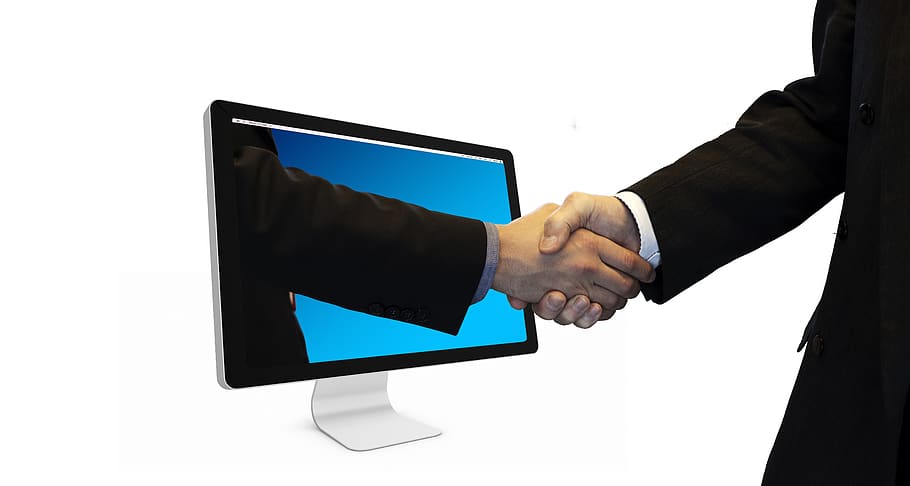handshake, hands, monitor, online, partner, each other, businessmen, team, cooperation, teamwork