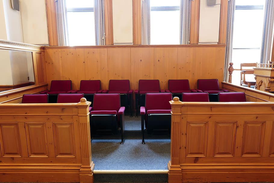 asientos, jurado, caja, sala de tribunal, vacío, sillas, corte, interior, palacio de justicia, procedimientos