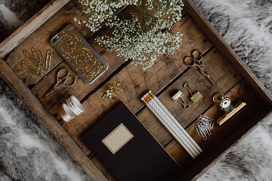 office accessories, old, wooden, tray, flatlay, office, accesories, office accesories, top view, notebook