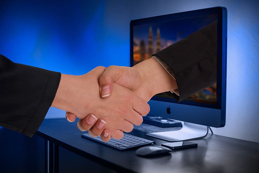 handshake, hands, monitor, online, partner, businessmen, team, cooperation, teamwork, friendship