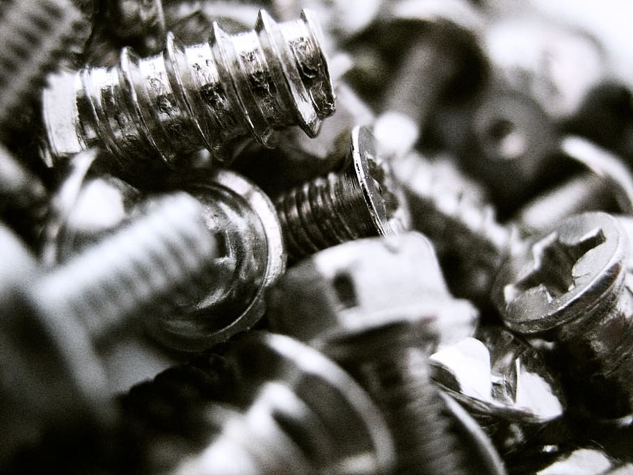 screws, closeup, heap, chrome, steel, nobody, many, heavy, bolt, bolts