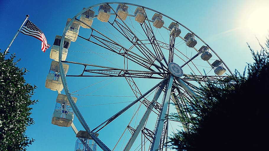 ferris wheel, big wheel, flag, US, fairground, rides, ride, summer, amusement park, sky
