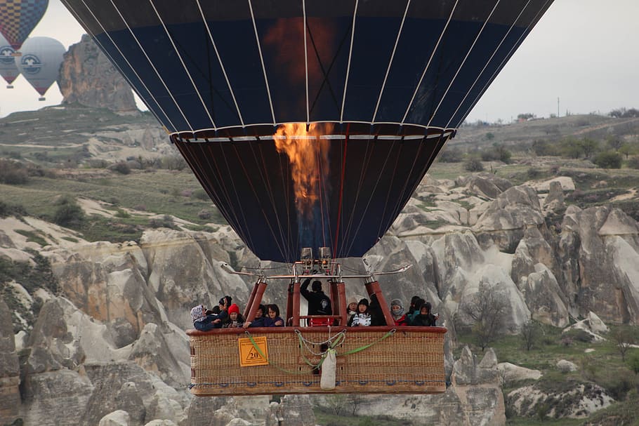 cappadocia, turki, perjalanan, udara, lanskap, panas, balon, penerbangan, panorama, lebar