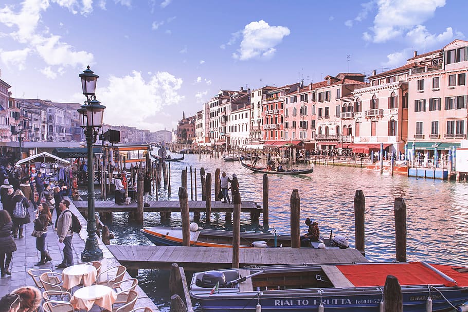 cantik, agung, kanal, venesia, italia, arsitektur, eksterior bangunan, kota, struktur yang dibangun, moda transportasi