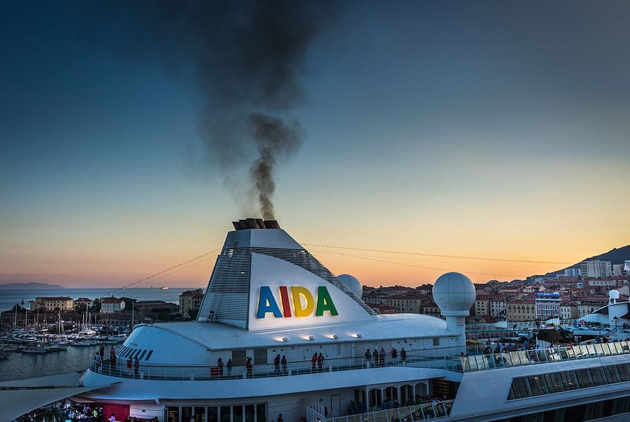 cruise ship, hole in the ozone layer, abendstimmung, sky, environment, sunset, piece of junk, corsica, france, ajaccio