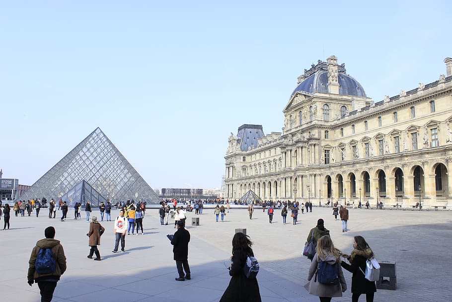louvre, france, museum, facade, pyramid, glass, travel, tourism, crowd, built structure