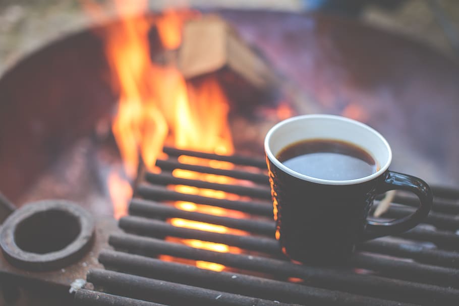 coffee, grill, fire, heating up, breakfast, camping, drink, beverage, fire pit, barbecue