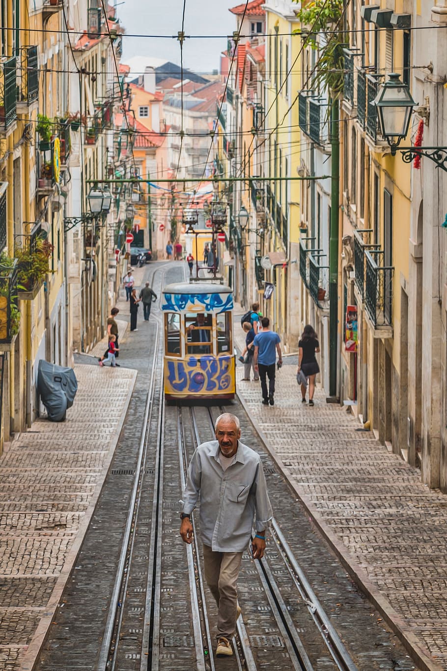 lisbon, tram streetcar, the lisbon tram, people, college, portugal, old town, houses, historical, architecture
