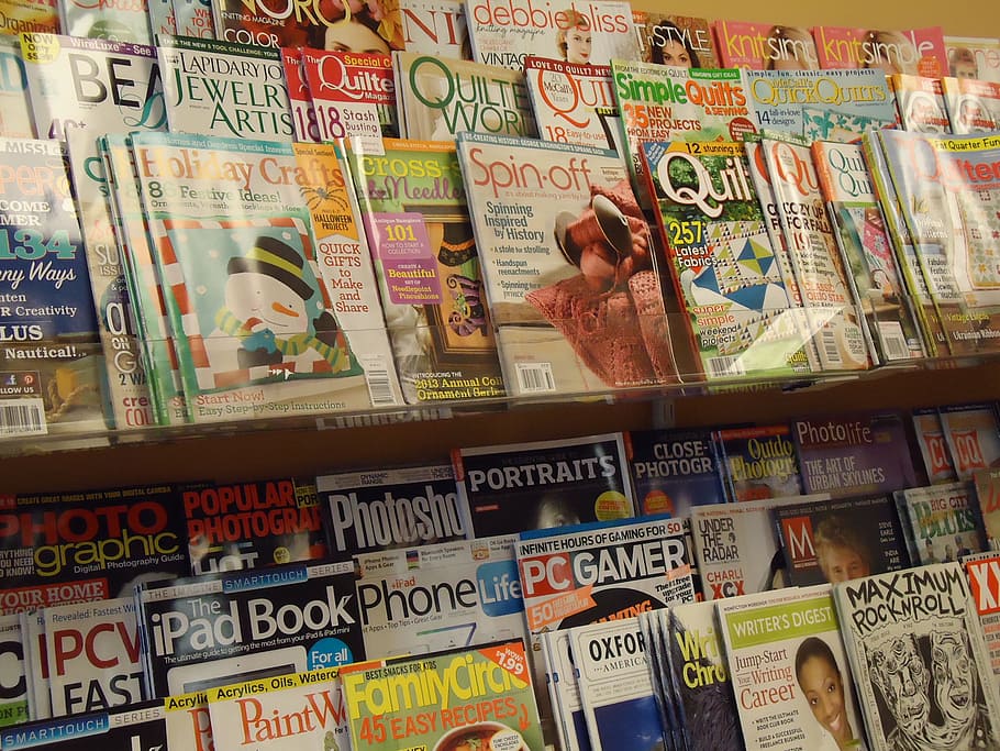 revistas, estante, exhibición, publicaciones periódicas, revista, tienda, compra, elección, variación, texto