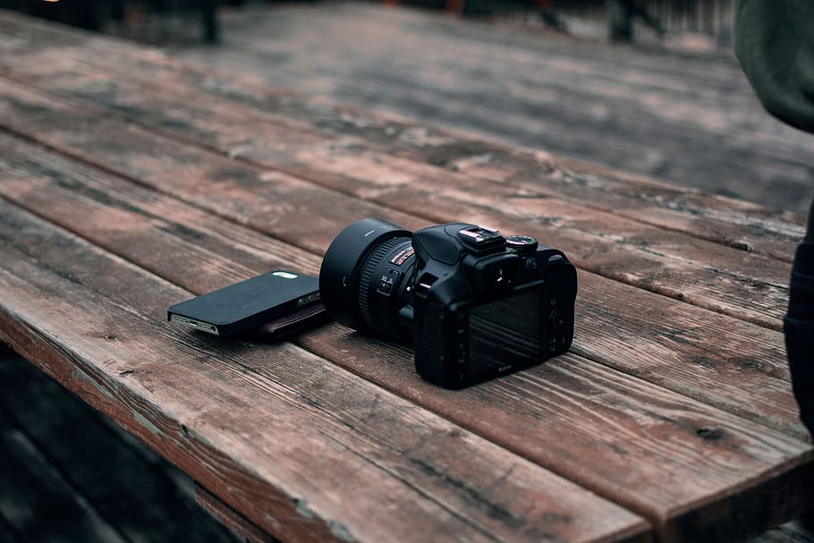 black, camera, dslr, photography, wooden, table, outdoor, camera - photographic equipment, photography themes, technology