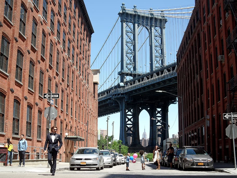 Brooklyn, New York, Brooklyn Bridge, tuxedo, man, fashion, architecture, usa, cars, vehicle