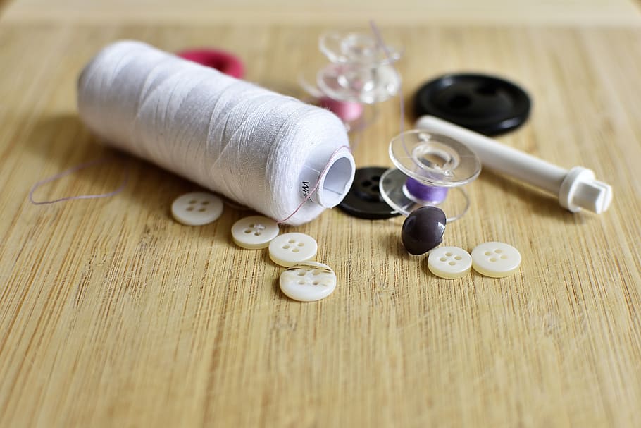 yarn, thread, sew, button, white, sewing, craft, tailoring, dressmaker, design