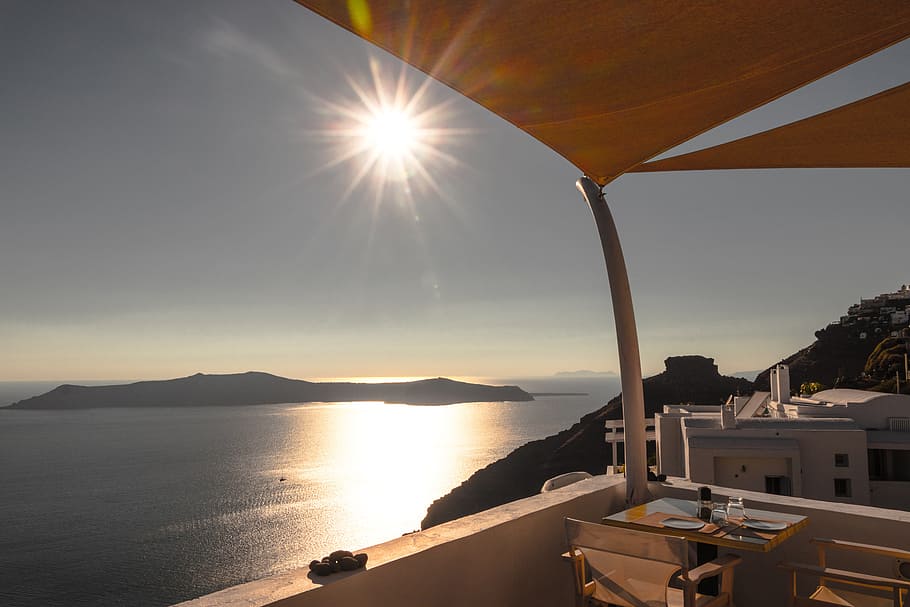 Santorini, Grecia, sol, puesta de sol, vista, islas, relax, hermosa vista, agua, cielo