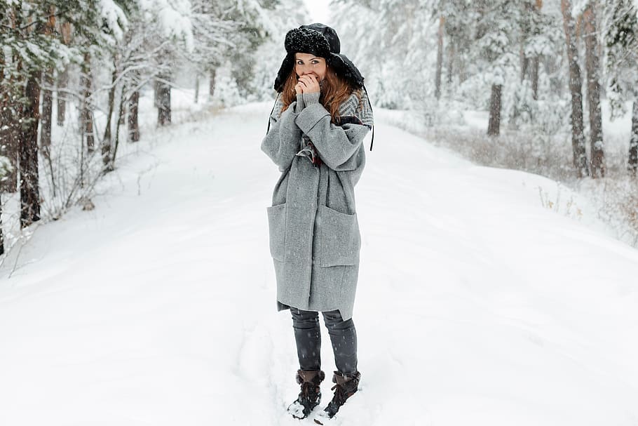 girl, woman, young, beautiful, white, snow, happiness, cheerful, cap, hat