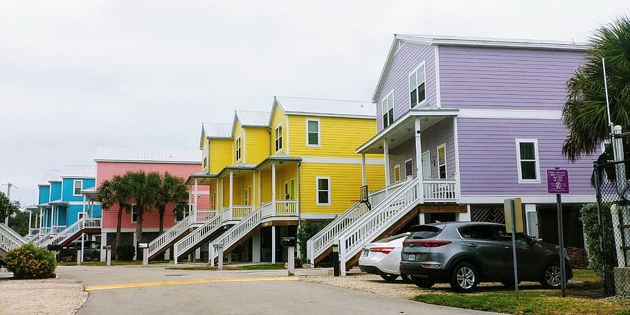 florida, keys, houses, colorful, blue, pink, yellow, violet, live, building exterior