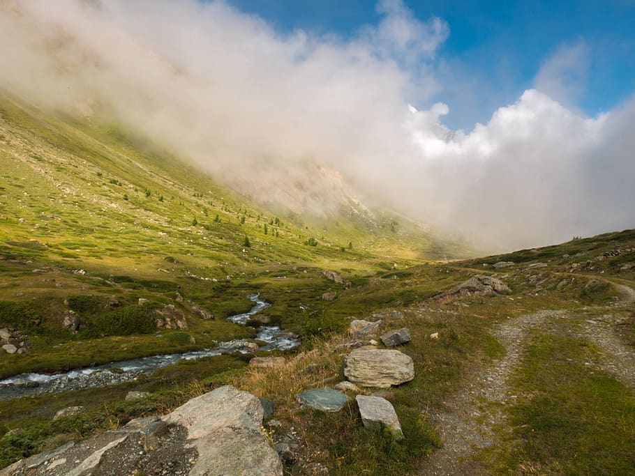 landscape, mountains, hiking, trail, morning mist, scenics - nature, cloud - sky, sky, environment, beauty in nature