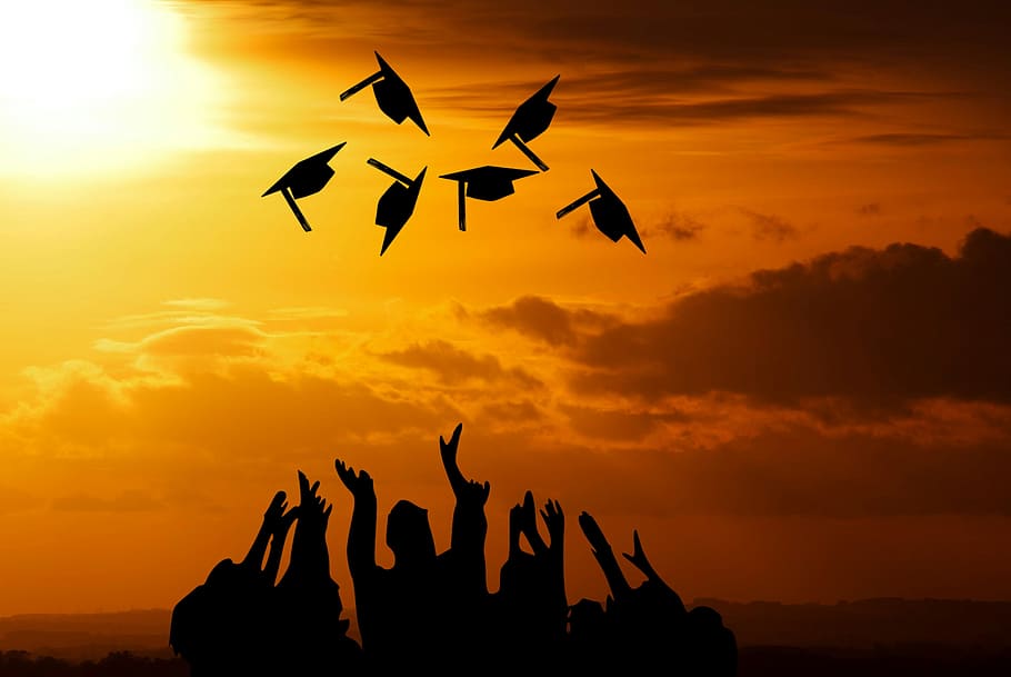 gorras, volar, aire, graduación, alto, escuela, universidad, vocacional, académico, lograr