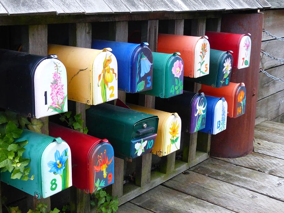 mailboxes, colorful, mail, message, post, communication, correspondence, postage, metal, delivering