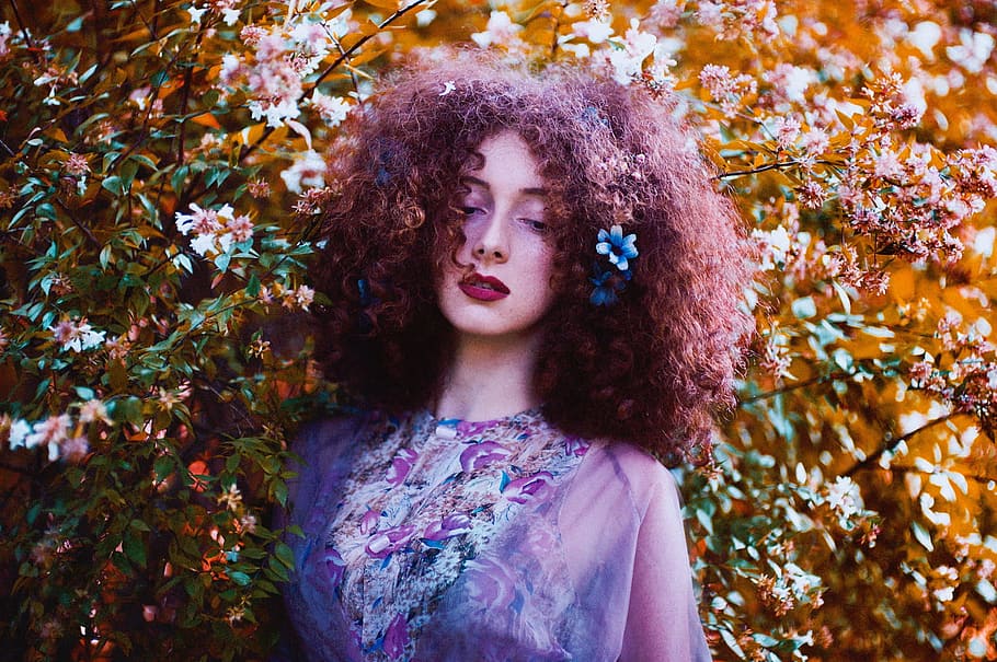 nature, plants, leaves, flowers, people, girl, woman, lady, curly, hair
