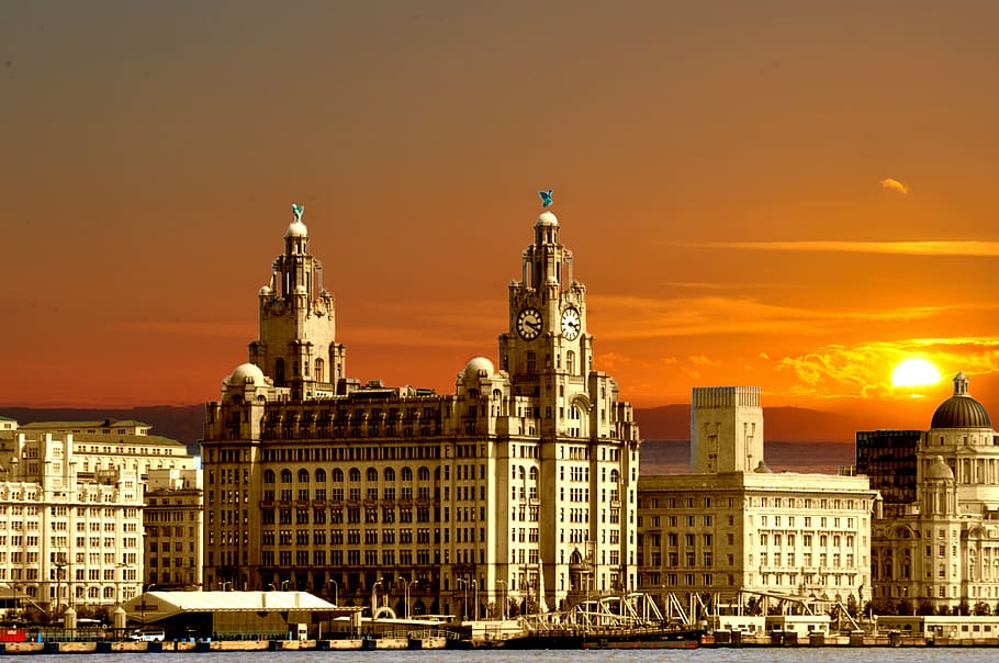 three graces, liverpool, england, sunset, liver buildings, cunard buildings, port of liverpool buildings, river mersey, building exterior, architecture