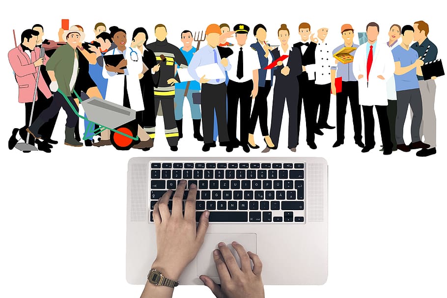 computadora portátil, teclado, manos, mano, profesión, comunicación, contacto, personal, trabajadores, médicos