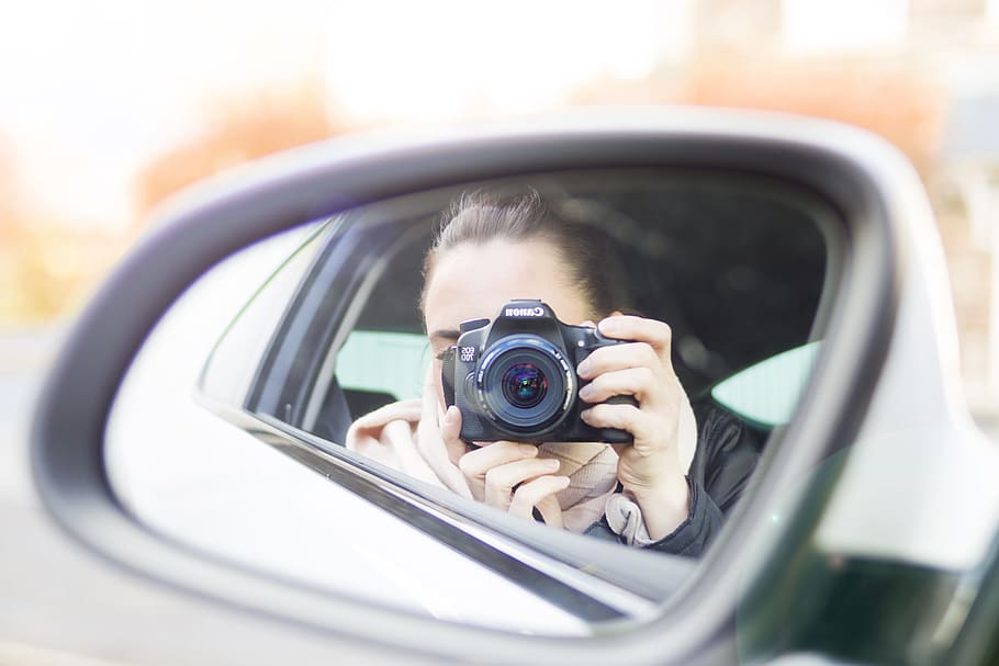 woman, photograph, mirror, car, transport, photographer, people, dslr, reflection, car mirror