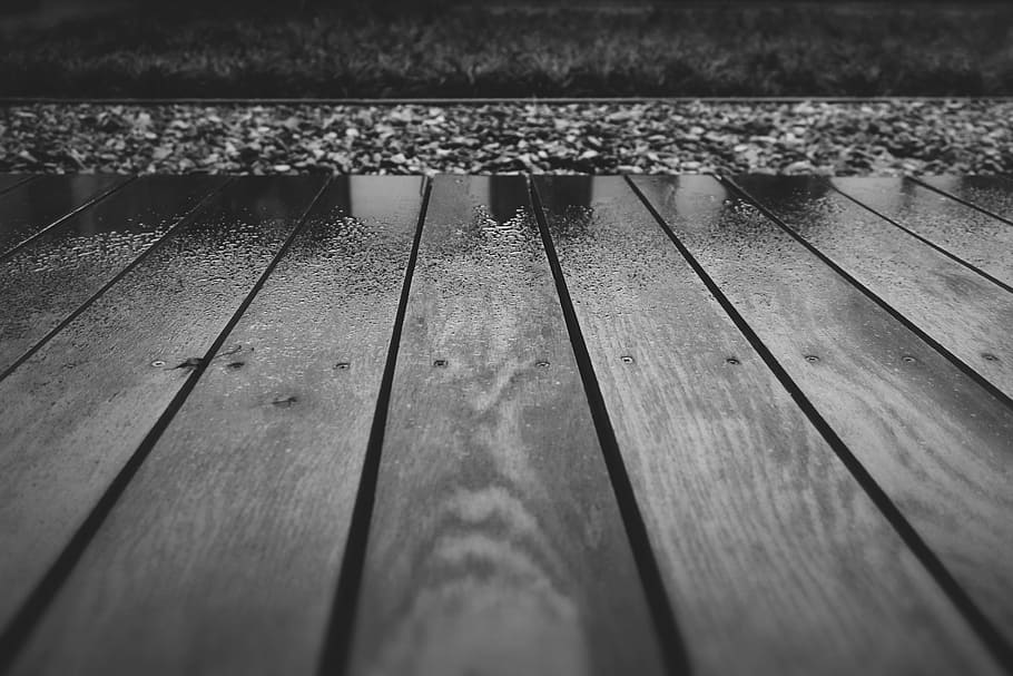 kayu, dek, teras, basah, hujan, hitam dan putih, kayu - bahan, alam, close-up, hari
