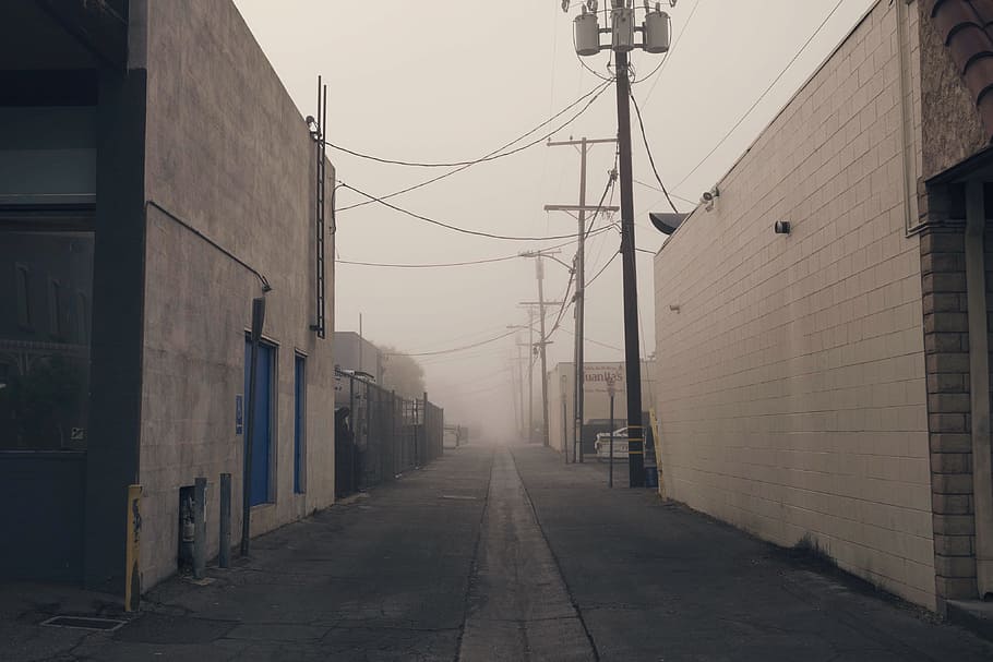 winter, architecture, fog, road, street, house, town, building, alley, city
