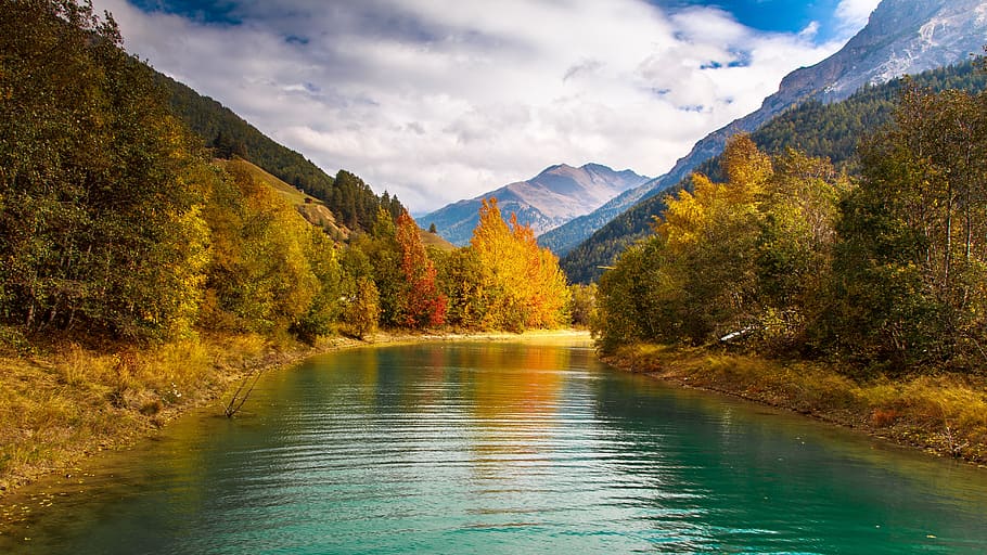 mountains, river, autumn, reschen pass, scenic, creek, wilderness, trees, stone, valley