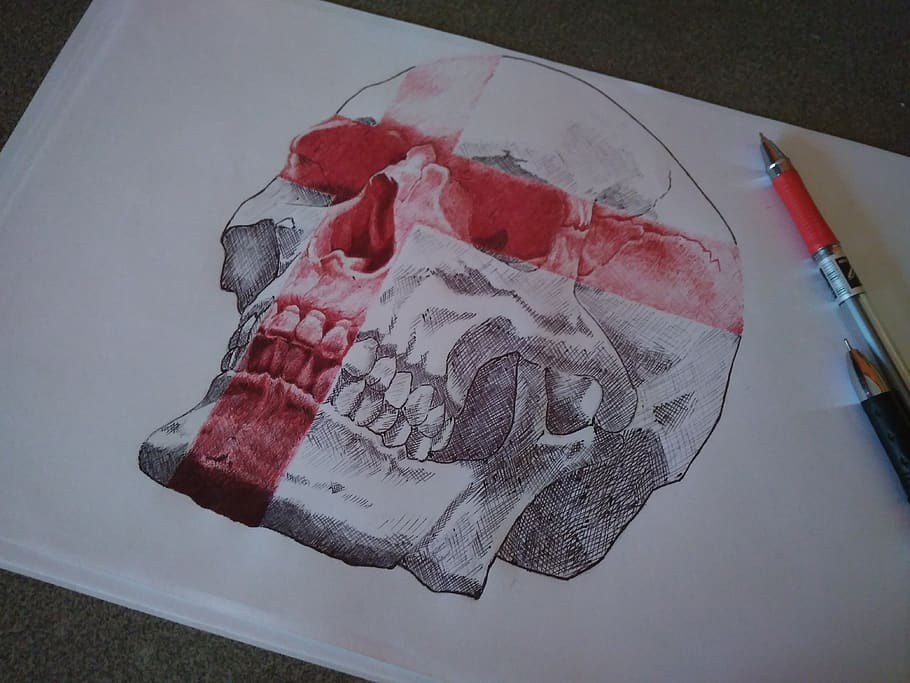 skull, double exposure, trash polka, tattoo, sketch, ballpen, ballpoint pen sketch, head, love, tattoo illustration
