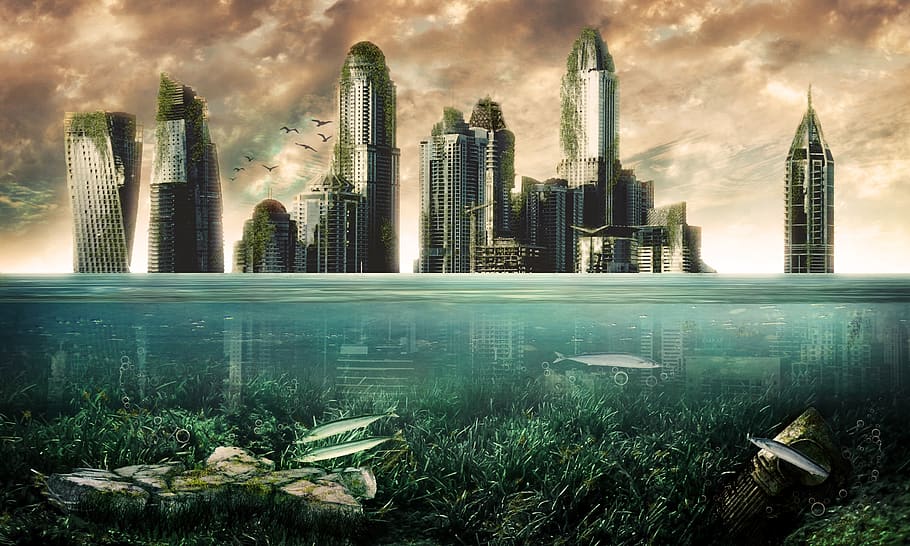 city, underwater, sea, sky, fantasy, water, fish, nature, after people, ocean