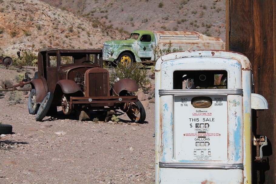 old car, rusty car, usa, nevada, mining, el dorado, nelson, ghost town, gas station, day
