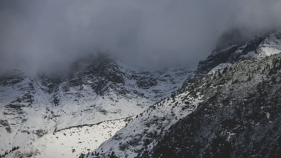 snow, winter, mountain, landscape, nature, black and white, scenics - nature, cold temperature, beauty in nature, fog
