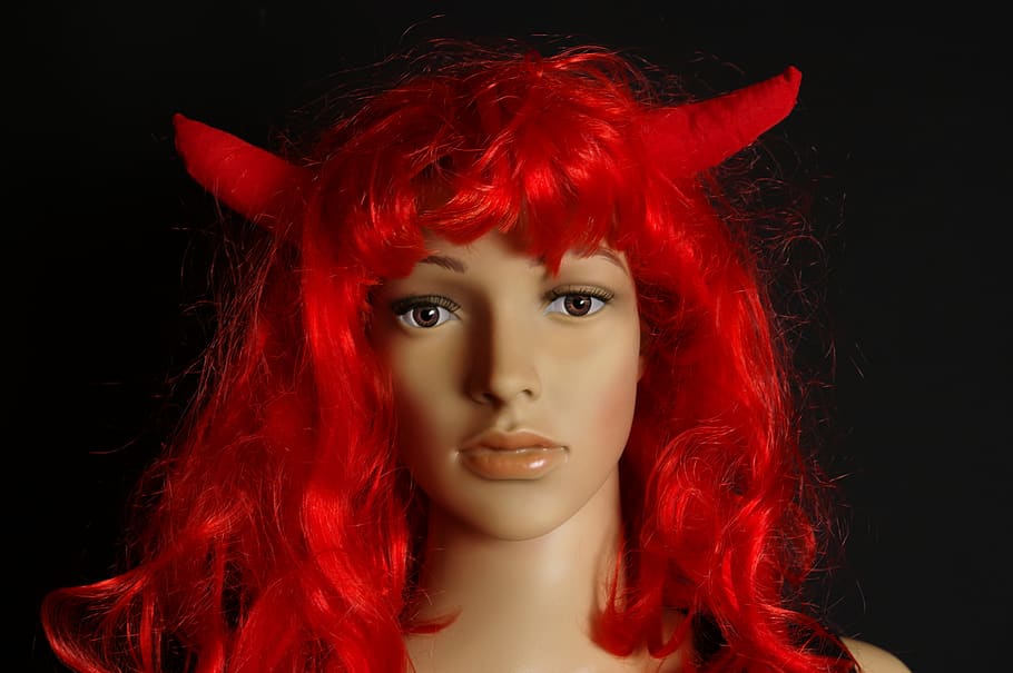 carnival, dress, devil, horns, red hair, panel, doll, model, wig, portrait