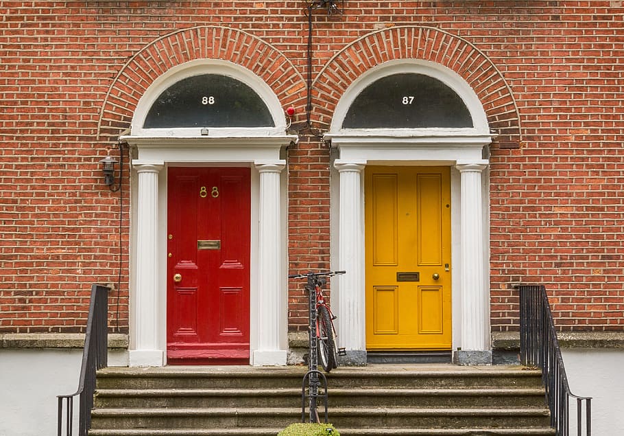 pintu, warna-warni, dublin, batu bata, dinding, tradisional, arsitektur, merah, kuning, eksterior bangunan