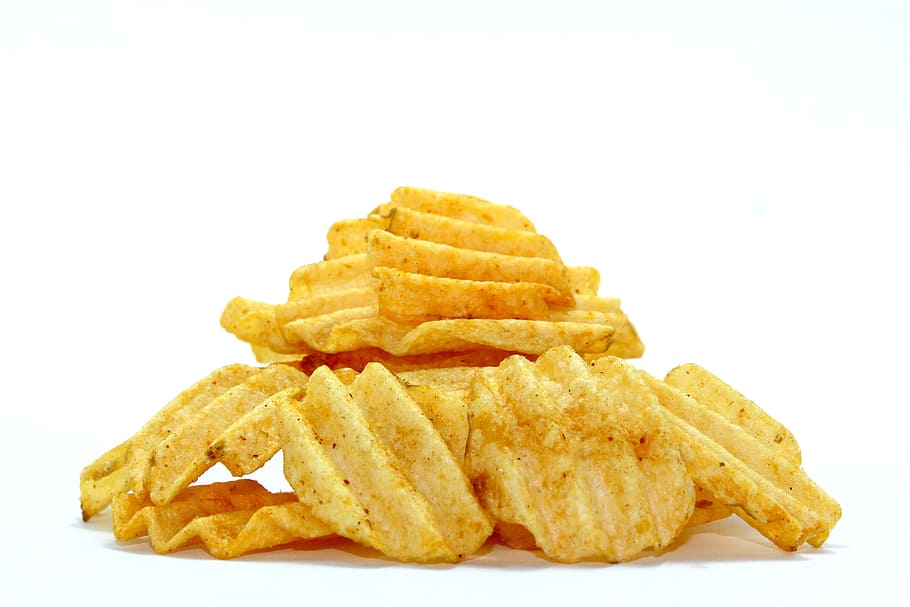 potato chips, chips, deep fried, fried, potato, snacks, white background, cut out, fast food, food and drink