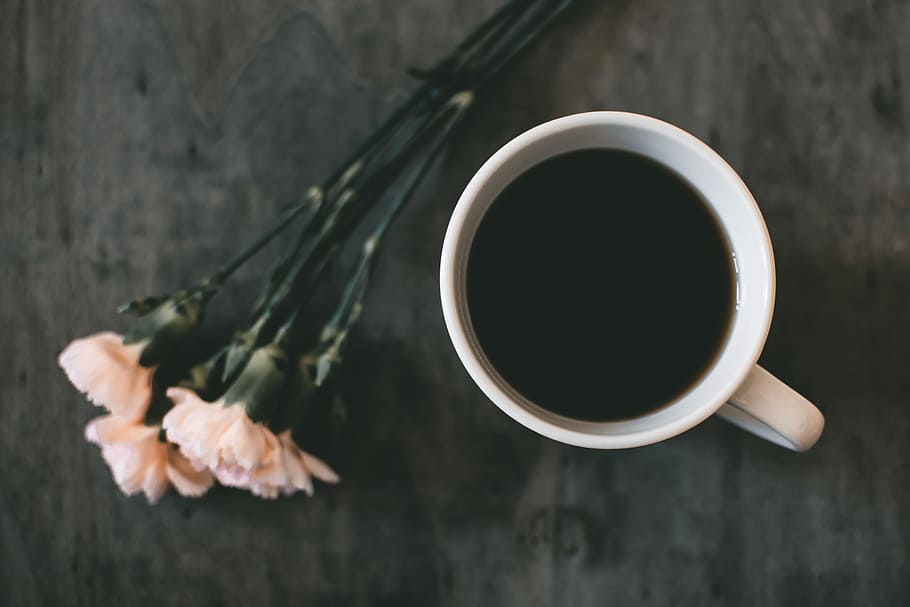 black, breakfast, coffee, cups, flowers, gray, pink, tables, white, cup