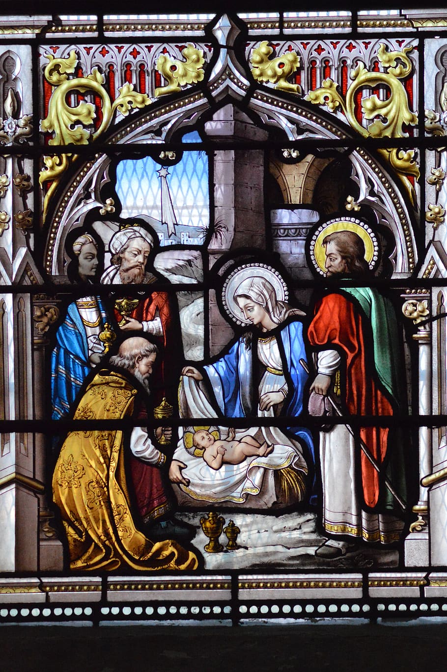 stained glass, colorful, nativity, christmas, birth, jesus, magi, saints, mary, sainte