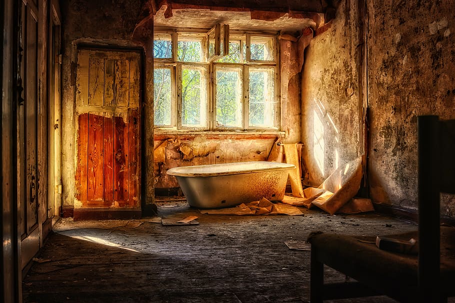 space, room, nostalgia, old, past, at that time, sun, light, rays, tub