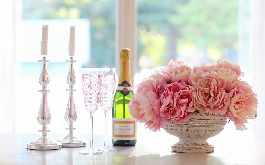 champagne, champagne glasses, peonies, cocktail, cheers, celebration, alcohol, drink, wine, glass