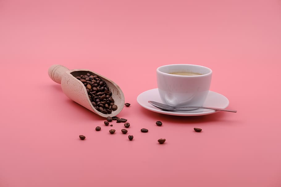coffee, coffee beans, cup, coffee cup, drink, hot drink, food and drink, studio shot, colored background, roasted coffee bean