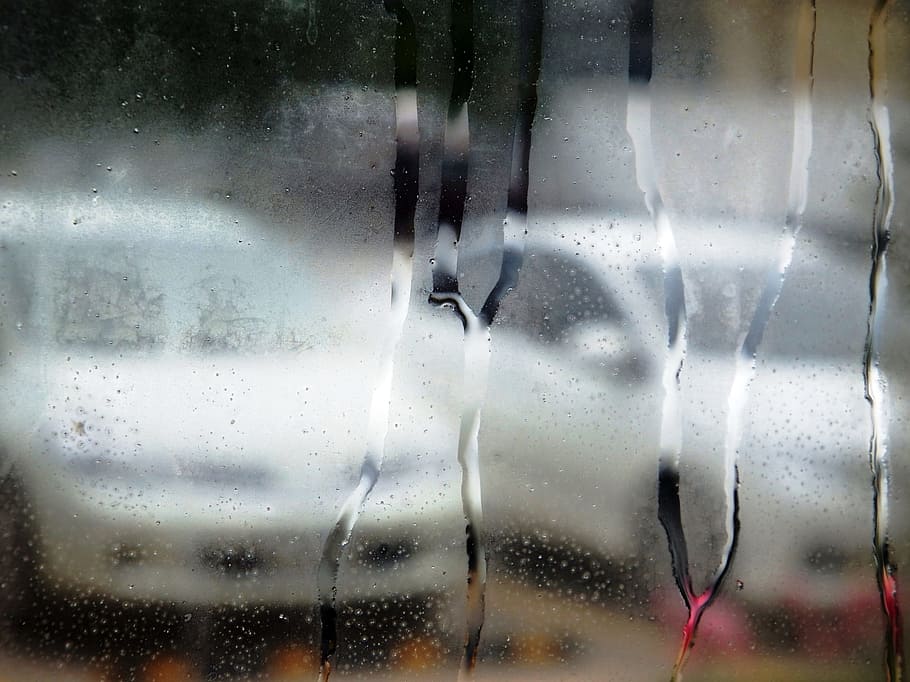 abstrak, putih, mobil, dikukus, jendela, tetesan air, kaca, hujan, tetes, rintik hujan