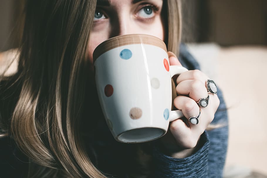 woman, drinking, coffee, morning, drink, food, tea, cup, mug, hand
